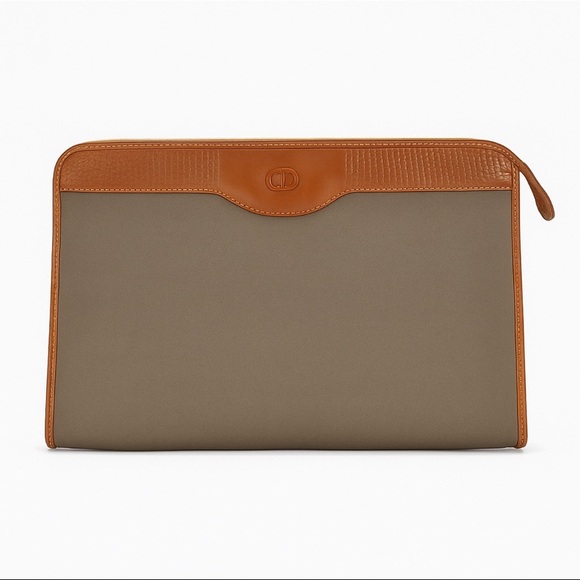 DIOR Canvas & Leather Vintage Pouch Clutch Bag Tan Brown - Picture 1 of 11
